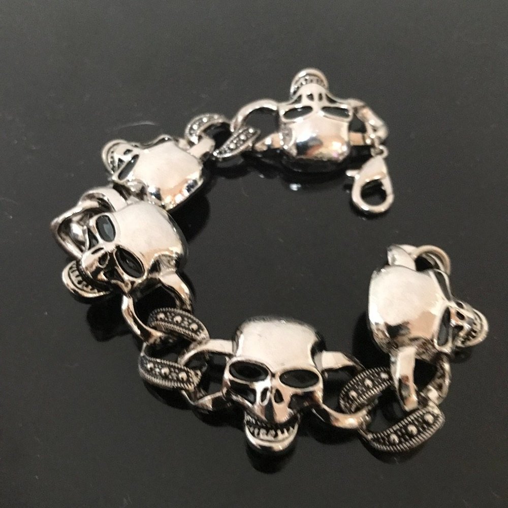Skull Bracelet Chain Biker Silver Rock Mans Moto Gothic Motorcycle Skulls Unisex - Picture 5 of 10